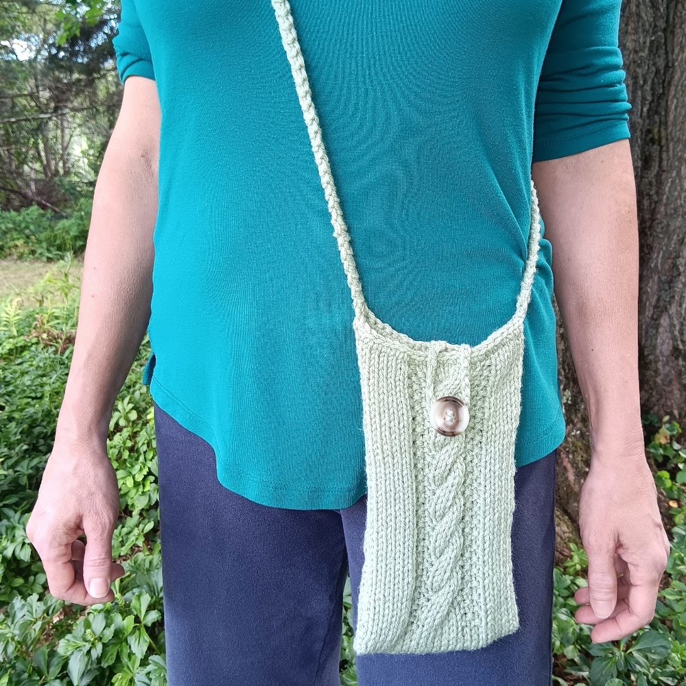 Handmade Handknit Sage Green Cableknit Crossbody Cell Phone Bag